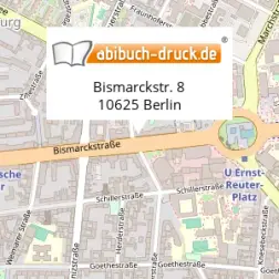 Kartenausschnitt des Standorts Bismarckstraße 8, 10625 Berlin, mit einem Pin auf abibuch-druck.de.